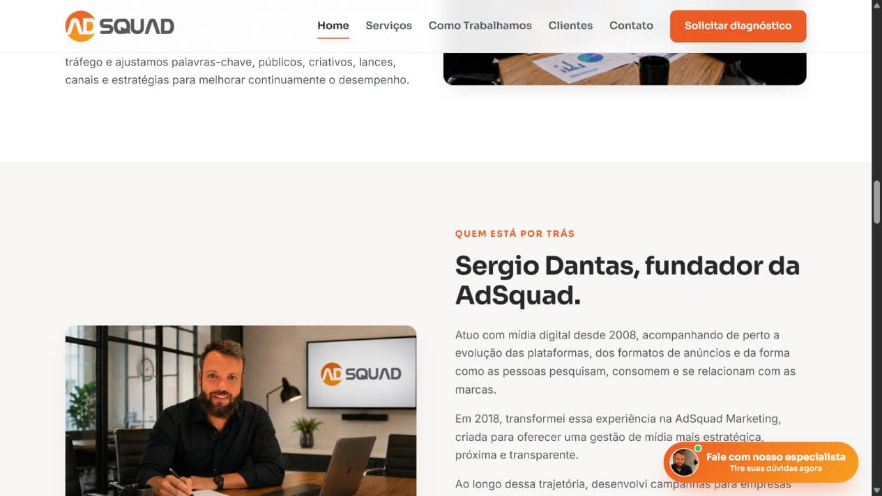 Seção de equipe do site da AdSquad Marketing