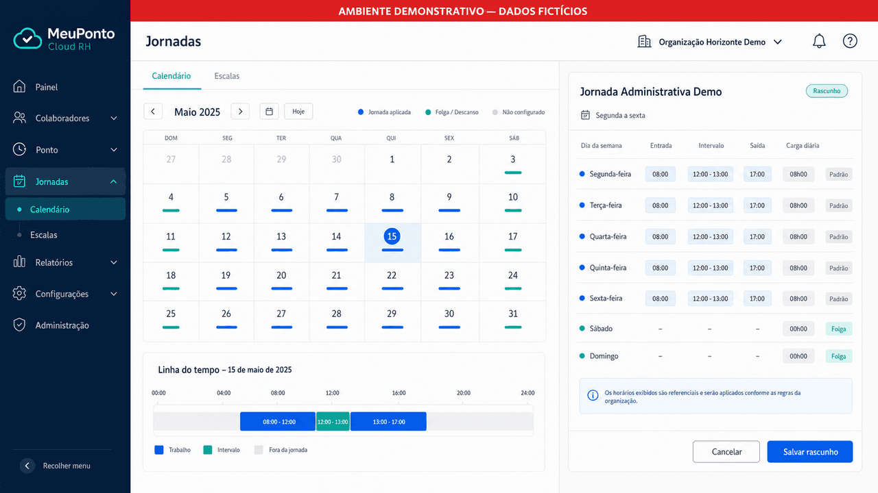 Demonstração sintética de jornadas do MeuPonto Cloud RH