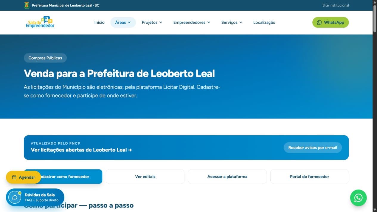 Página de Compras Públicas da Sala do Empreendedor