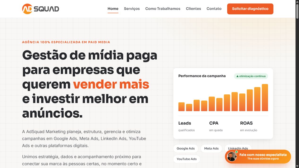 Página inicial do site AdSquad Marketing