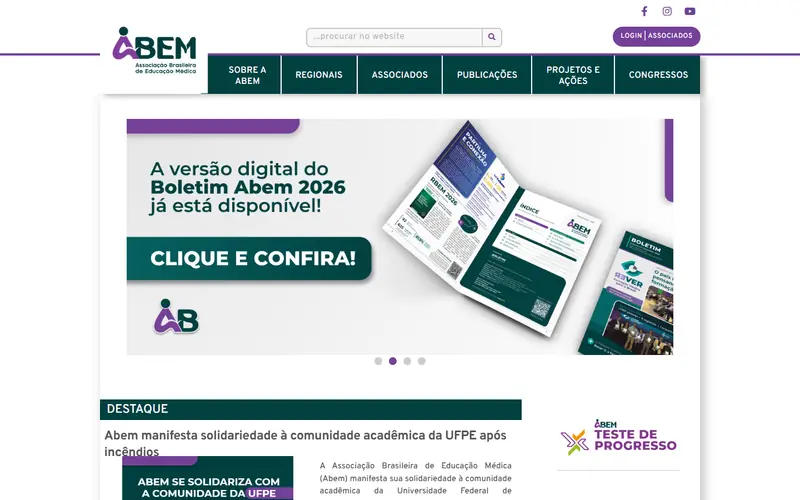Página inicial do site de ABEM – Educação Médica